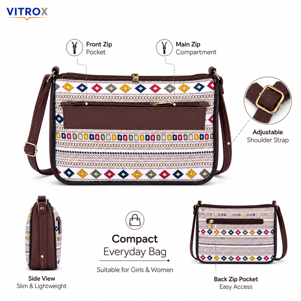Women’s Multicolor Geometric Print Crossbody Sling Bag with Adjustable Shoulder Strap
