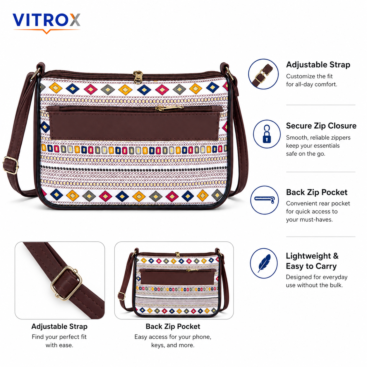 Women’s Multicolor Geometric Print Crossbody Sling Bag with Adjustable Shoulder Strap