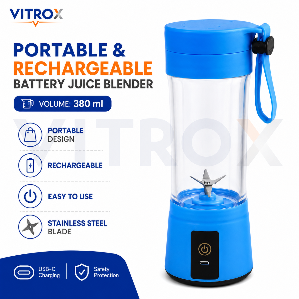 Vitrox Portable & Rechargeable Battery Juice Blender – Light Blue 380ml Mini Juicer with Carry Loop Lid