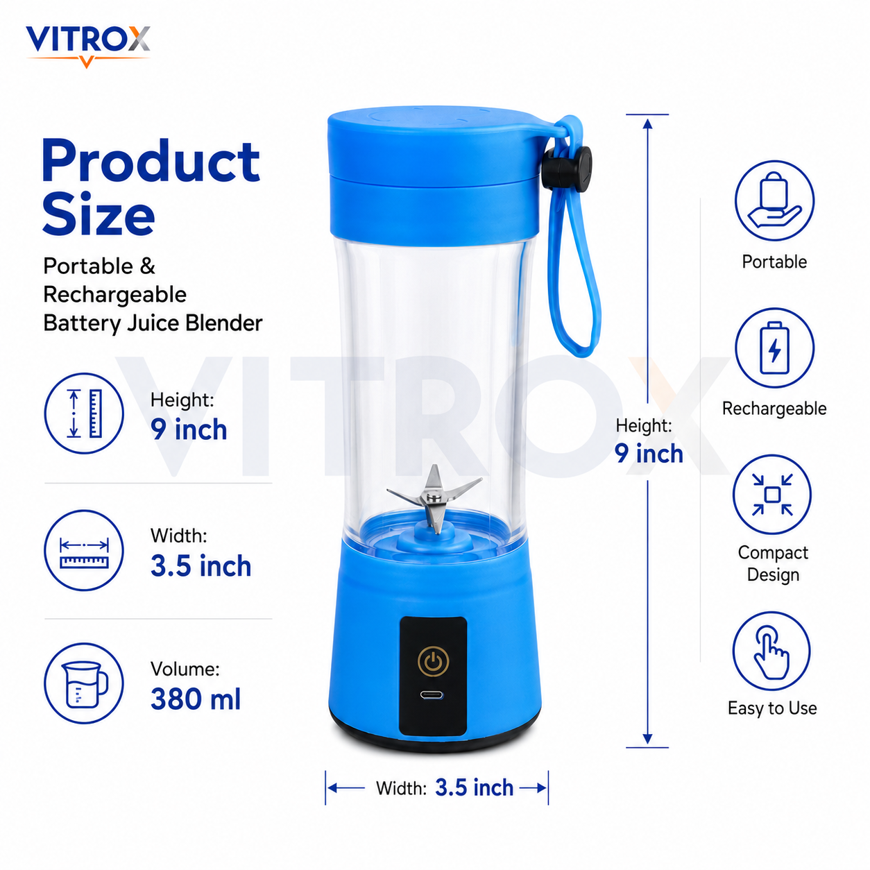 Vitrox Portable & Rechargeable Battery Juice Blender – Light Blue 380ml Mini Juicer with Carry Loop Lid