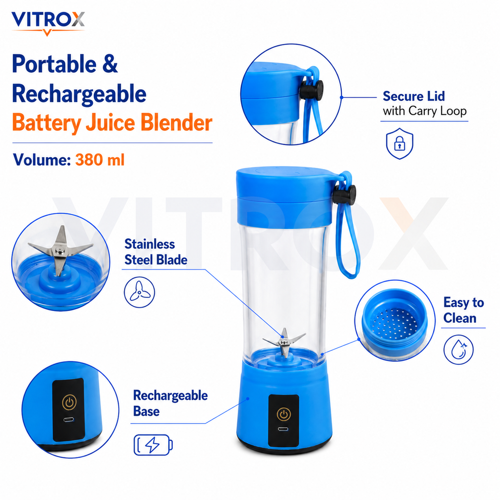 Vitrox Portable & Rechargeable Battery Juice Blender – Light Blue 380ml Mini Juicer with Carry Loop Lid