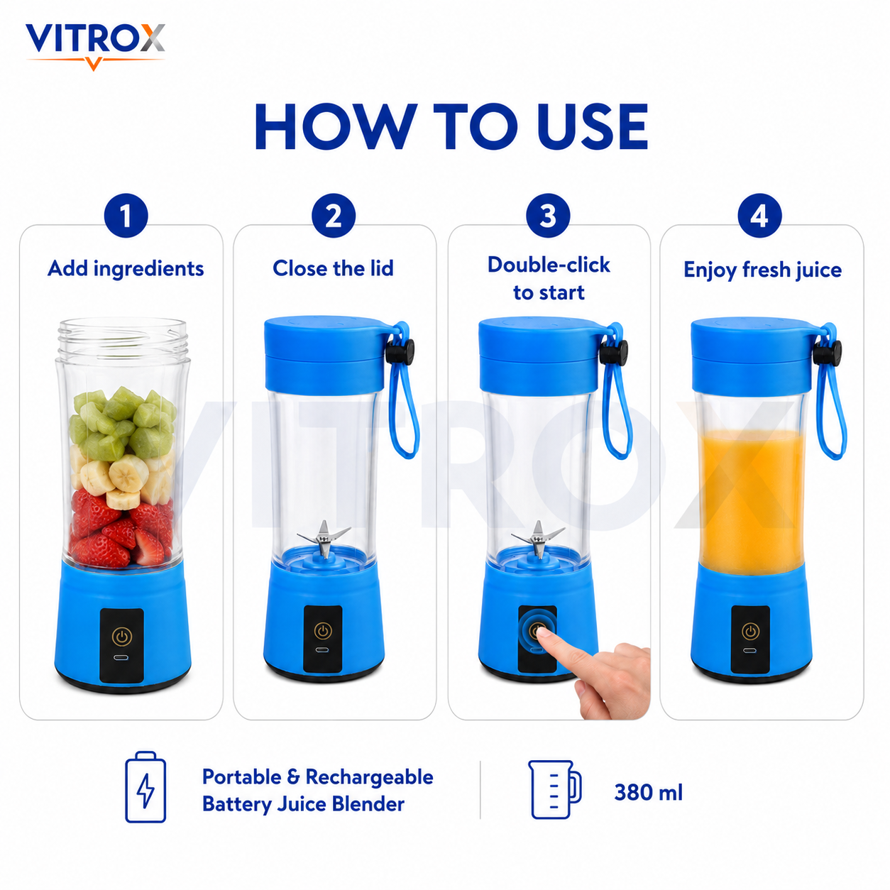 Vitrox Portable & Rechargeable Battery Juice Blender – Light Blue 380ml Mini Juicer with Carry Loop Lid