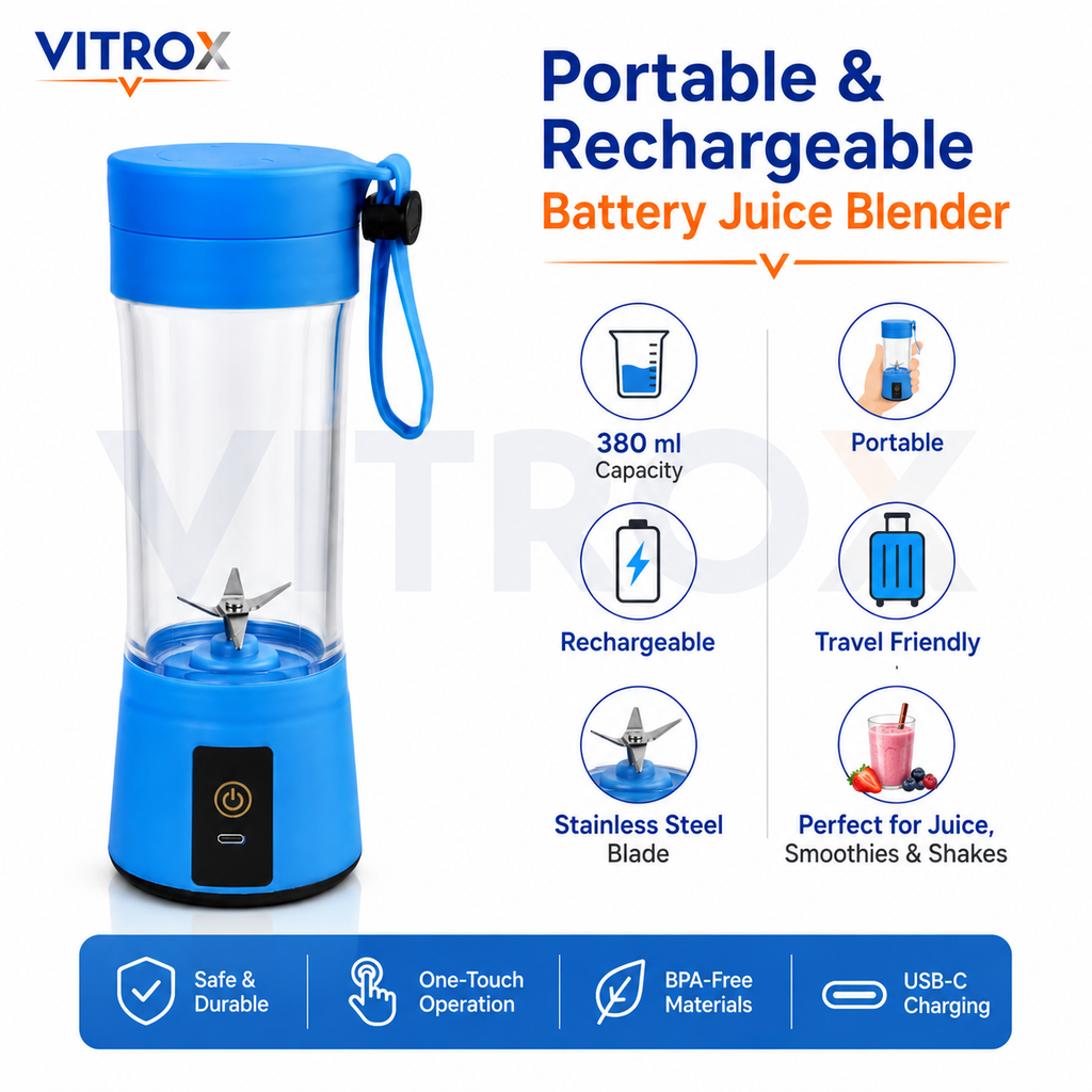 Vitrox Portable & Rechargeable Battery Juice Blender – Light Blue 380ml Mini Juicer with Carry Loop Lid