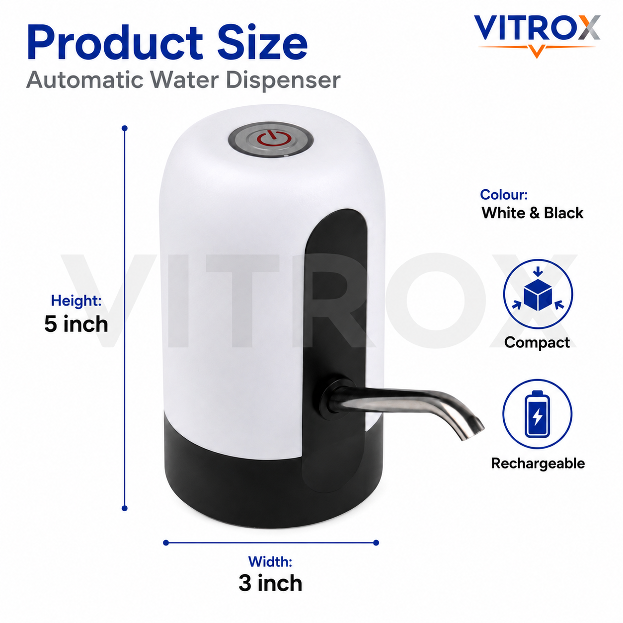 Vitrox Automatic Water Dispenser – White & Black USB Rechargeable Portable Water Pump with Stainless Steel Spout