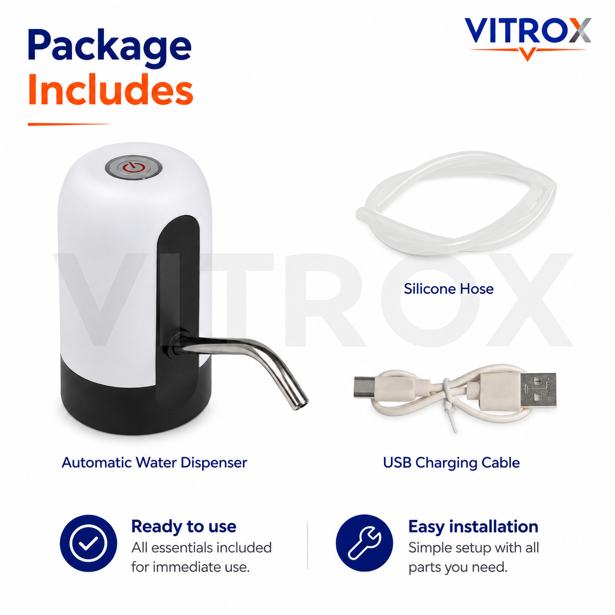 Vitrox Automatic Water Dispenser – White & Black USB Rechargeable Portable Water Pump with Stainless Steel Spout