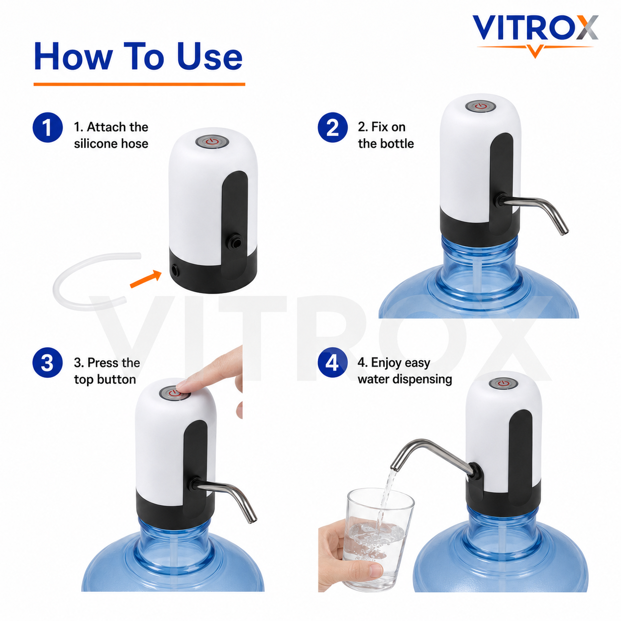 Vitrox Automatic Water Dispenser – White & Black USB Rechargeable Portable Water Pump with Stainless Steel Spout