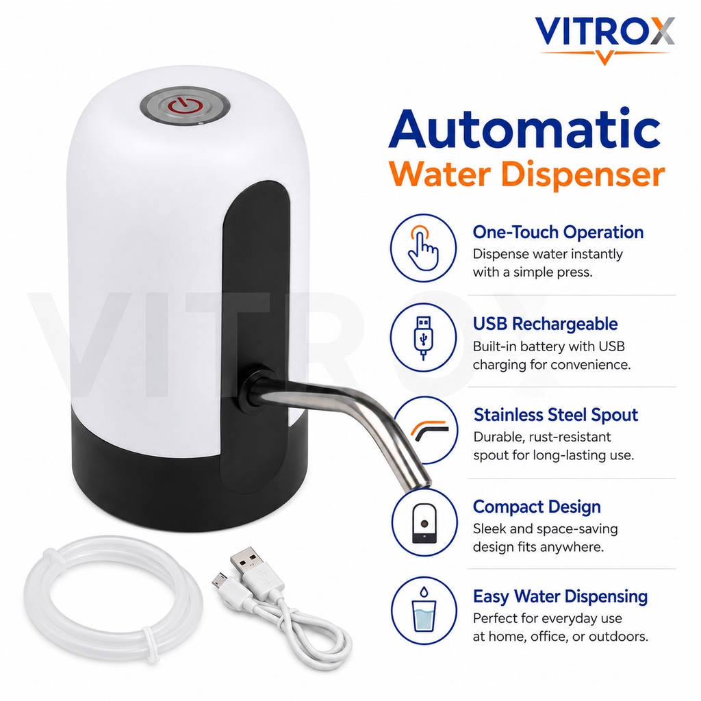 Vitrox Automatic Water Dispenser – White & Black USB Rechargeable Portable Water Pump with Stainless Steel Spout