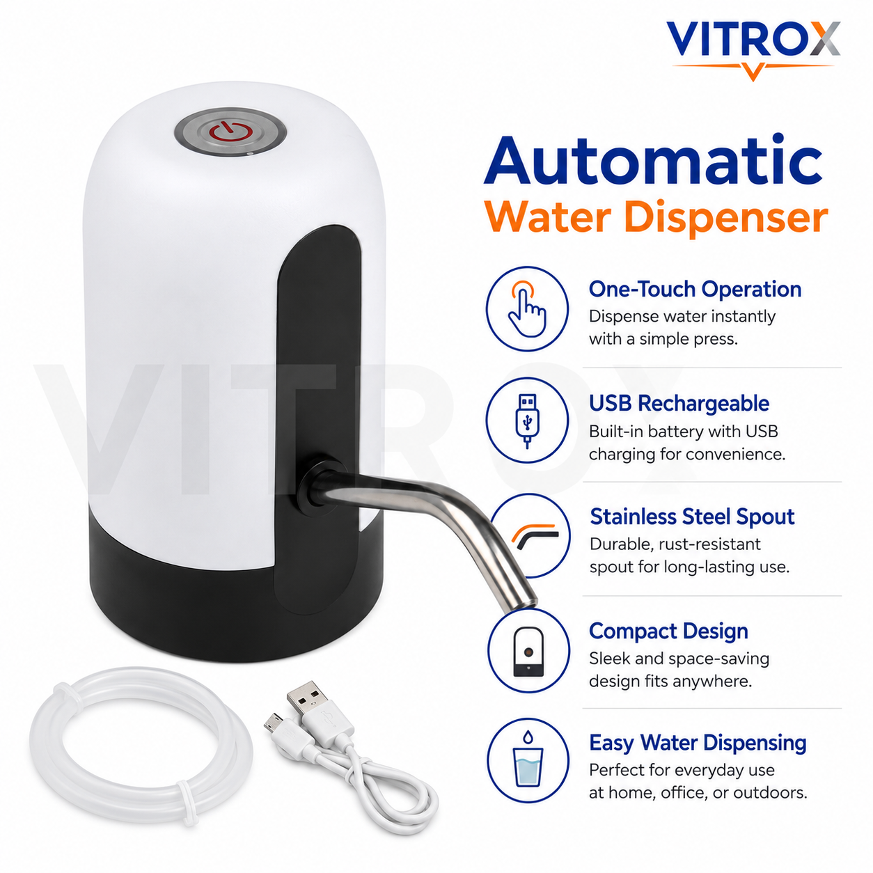 Vitrox Automatic Water Dispenser – White & Black USB Rechargeable Portable Water Pump with Stainless Steel Spout