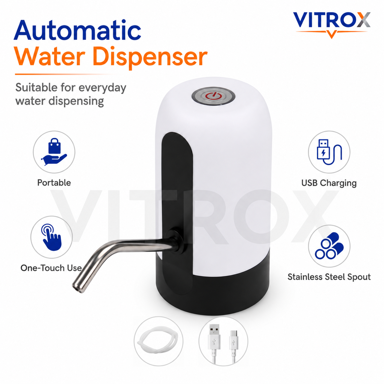 Vitrox Automatic Water Dispenser – White & Black USB Rechargeable Portable Water Pump with Stainless Steel Spout