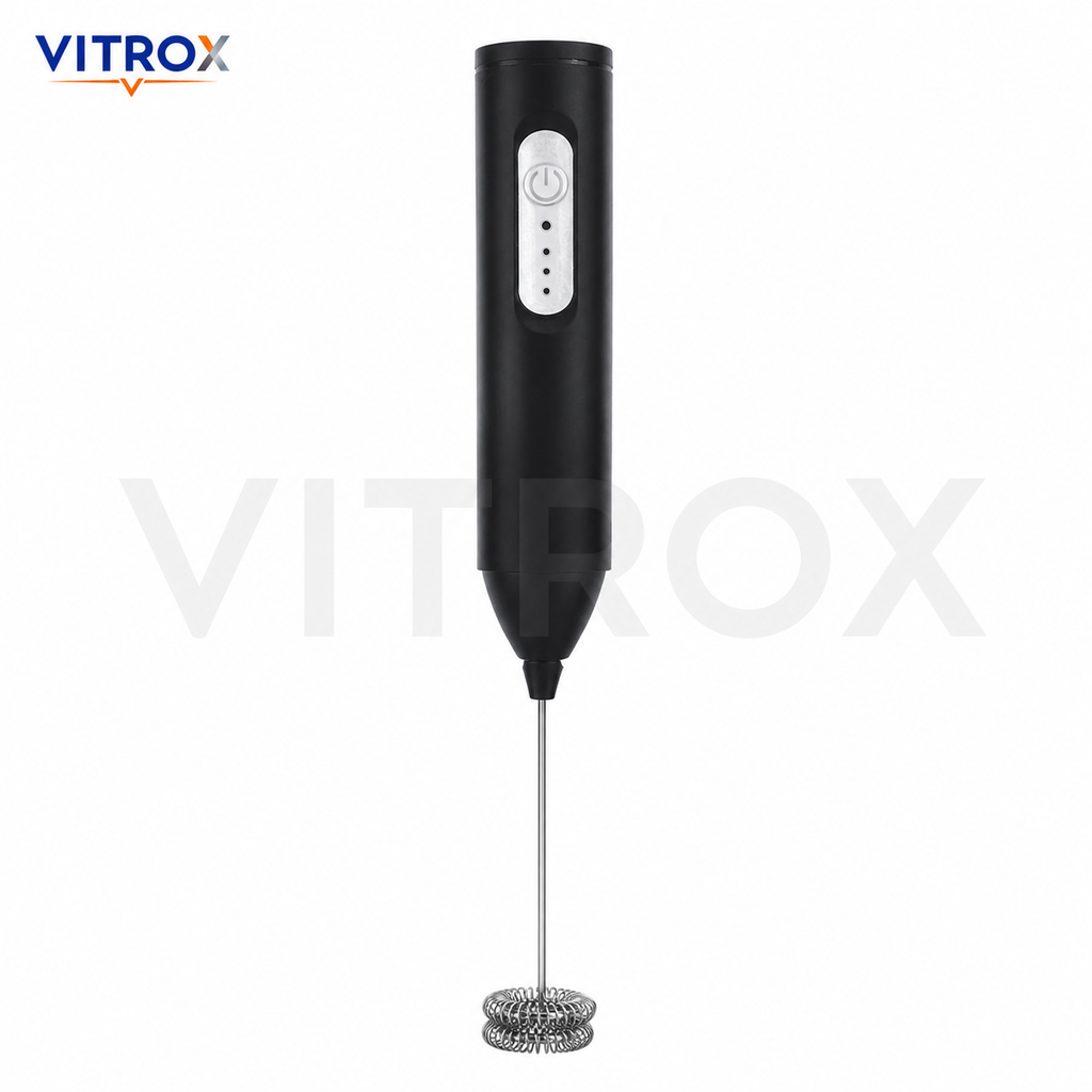itrox Wireless Milk Frother – Black Rechargeable Handheld Frother with 304 Stainless Steel Whisk & USB Type-C Charging