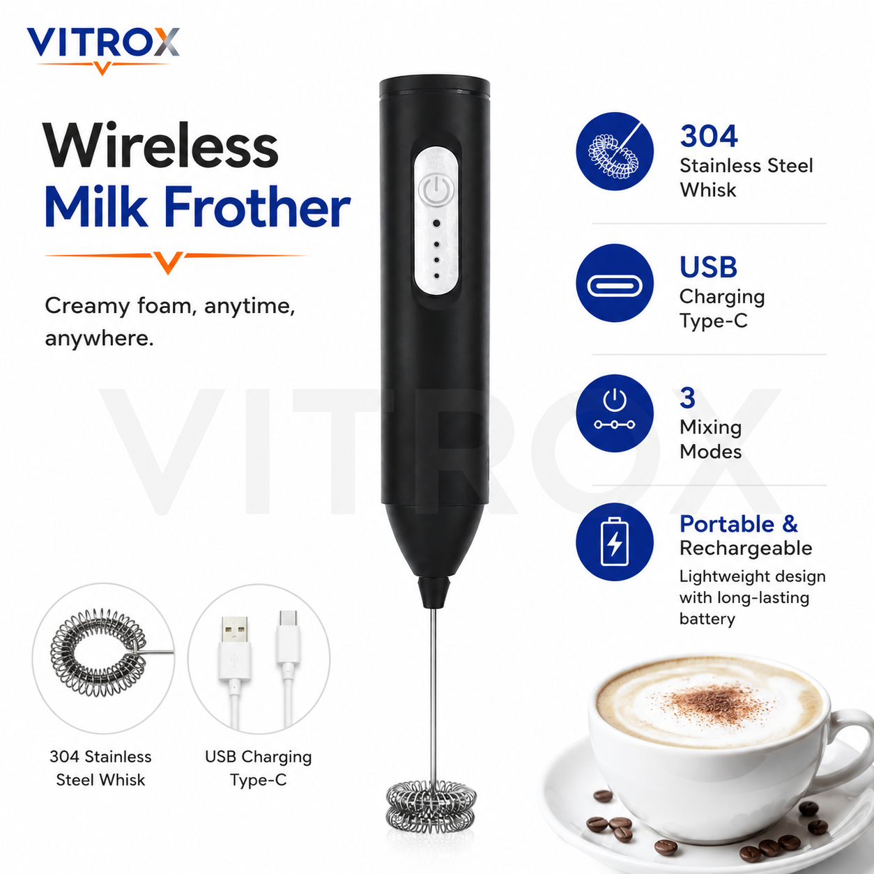 itrox Wireless Milk Frother – Black Rechargeable Handheld Frother with 304 Stainless Steel Whisk & USB Type-C Charging