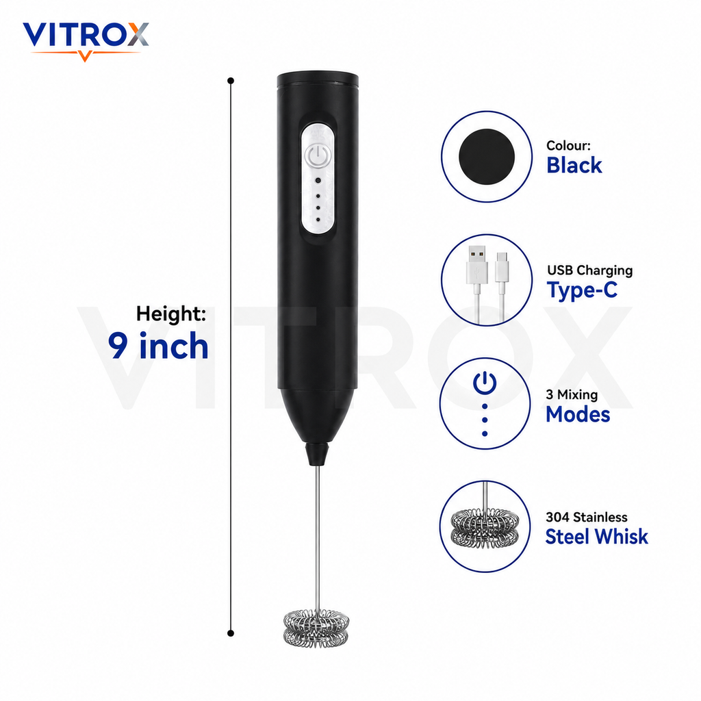 itrox Wireless Milk Frother – Black Rechargeable Handheld Frother with 304 Stainless Steel Whisk & USB Type-C Charging