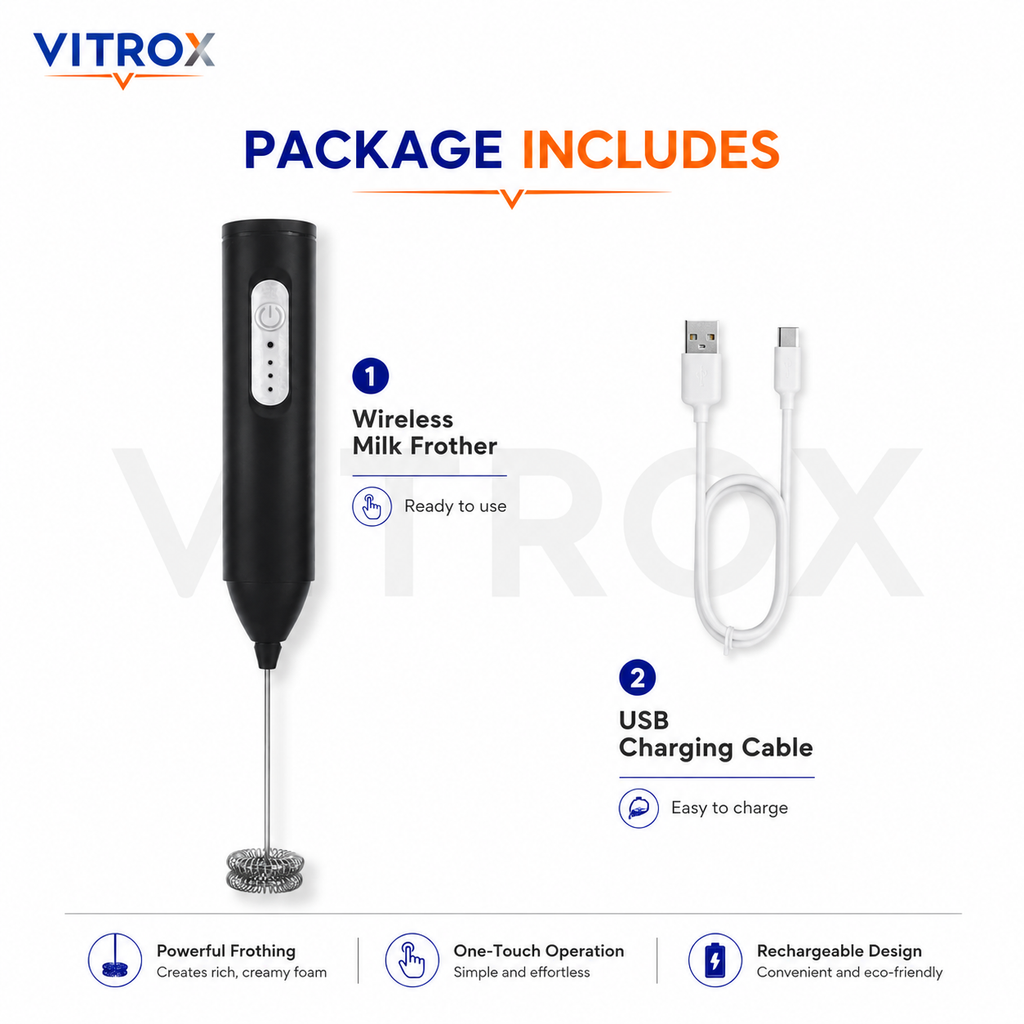 itrox Wireless Milk Frother – Black Rechargeable Handheld Frother with 304 Stainless Steel Whisk & USB Type-C Charging