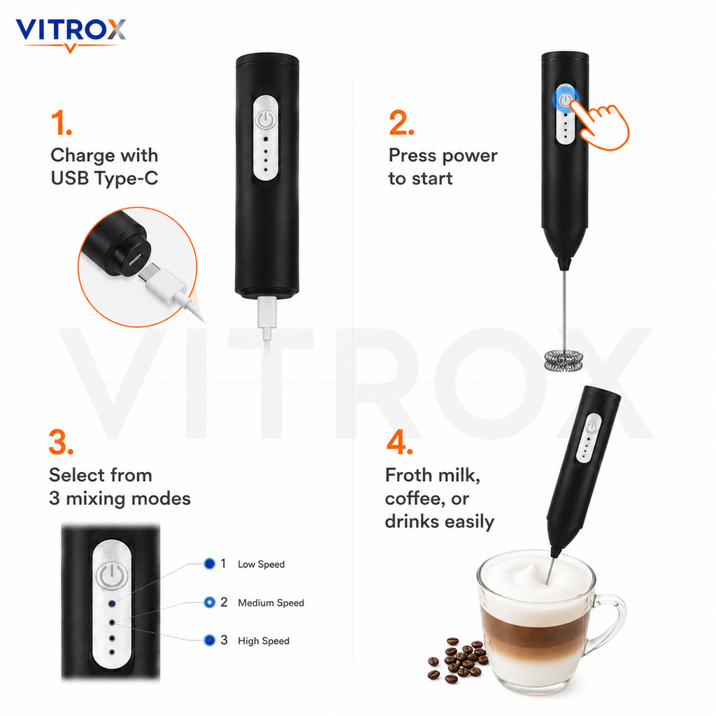 itrox Wireless Milk Frother – Black Rechargeable Handheld Frother with 304 Stainless Steel Whisk & USB Type-C Charging