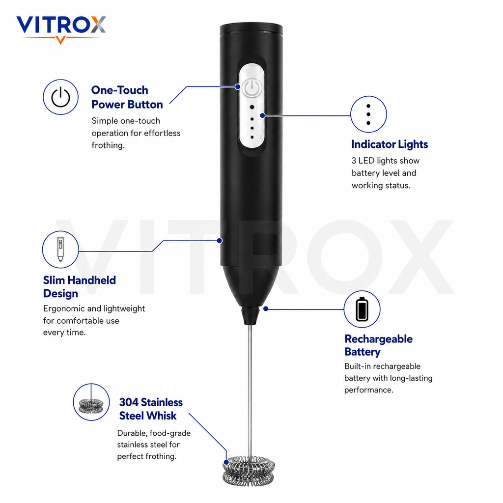 itrox Wireless Milk Frother – Black Rechargeable Handheld Frother with 304 Stainless Steel Whisk & USB Type-C Charging