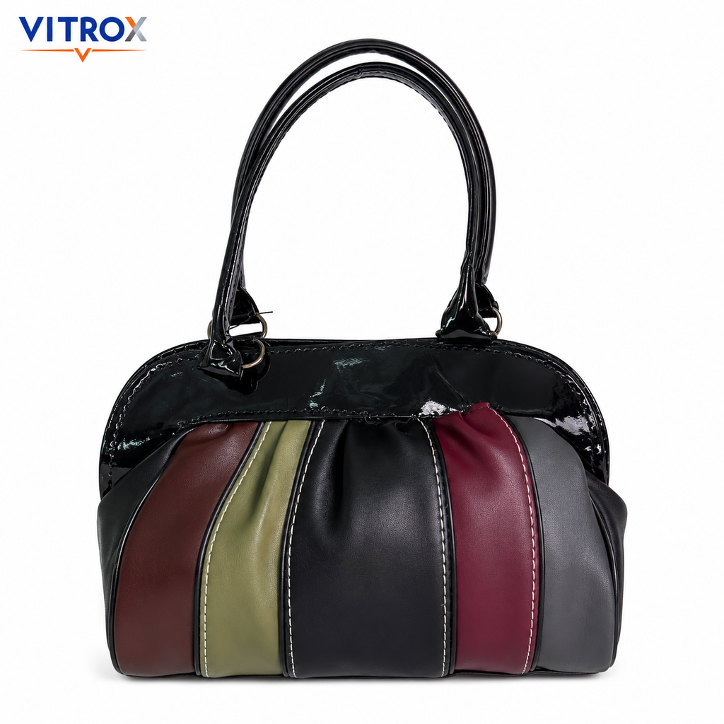 VITROX Multicolor Panel Ladies Handbag – Glossy Black Handle Bag | 8 x 3.5 x 6 inch