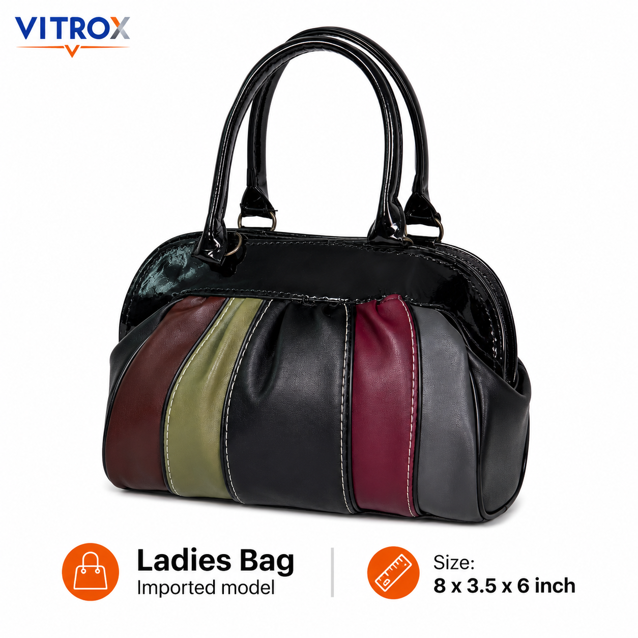 VITROX Multicolor Panel Ladies Handbag – Glossy Black Handle Bag | 8 x 3.5 x 6 inch