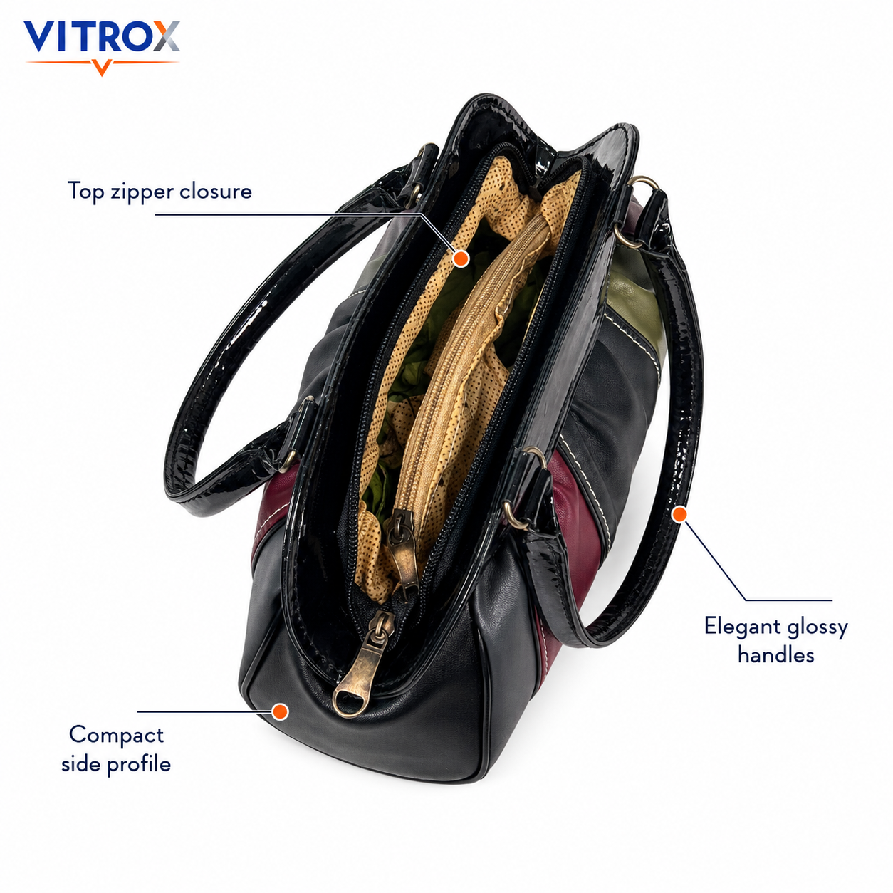 VITROX Multicolor Panel Ladies Handbag – Glossy Black Handle Bag | 8 x 3.5 x 6 inch