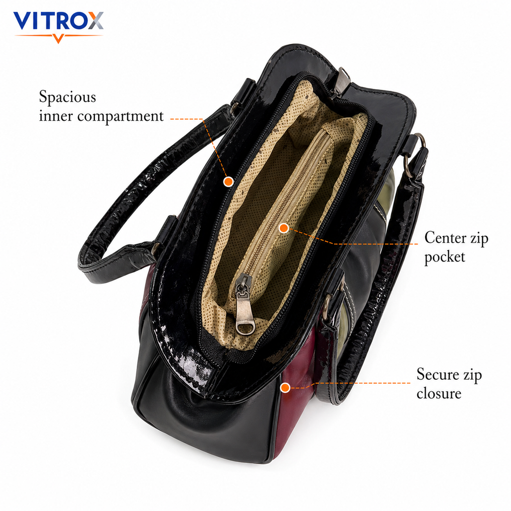 VITROX Multicolor Panel Ladies Handbag – Glossy Black Handle Bag | 8 x 3.5 x 6 inch