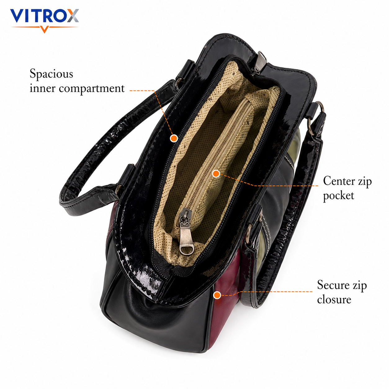 VITROX Multicolor Panel Ladies Handbag – Glossy Black Handle Bag | 8 x 3.5 x 6 inch