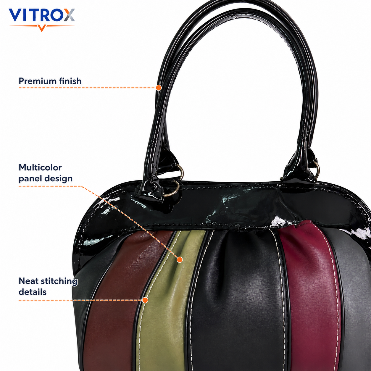 VITROX Multicolor Panel Ladies Handbag – Glossy Black Handle Bag | 8 x 3.5 x 6 inch