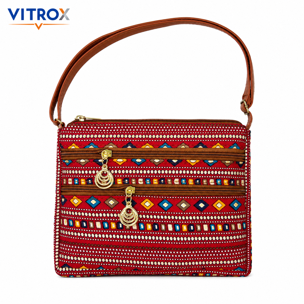 VITROX Multicolor Panel Ladies Handbag with Glossy Black Handle – 9 x 2 x 8 Inch