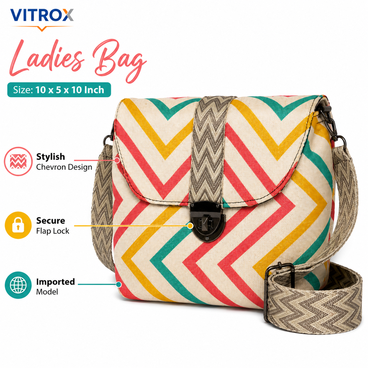 VITROX Chevron Printed Ladies Bag with Adjustable Strap – 10 x 5 x 10 Inch