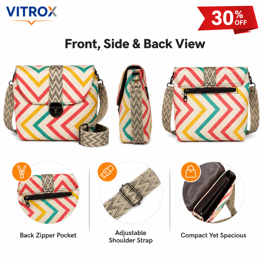 VITROX Chevron Printed Ladies Bag with Adjustable Strap – 10 x 5 x 10 Inch