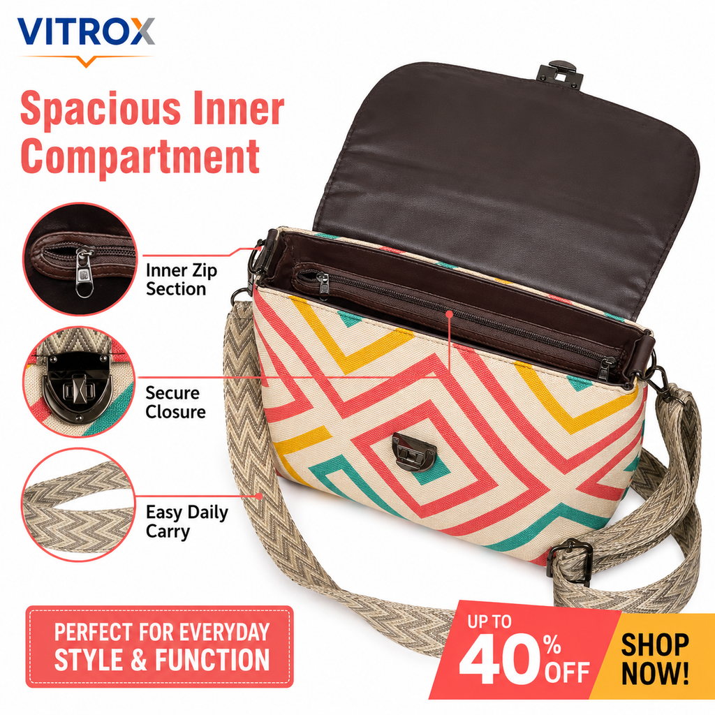 VITROX Chevron Printed Ladies Bag with Adjustable Strap – 10 x 5 x 10 Inch