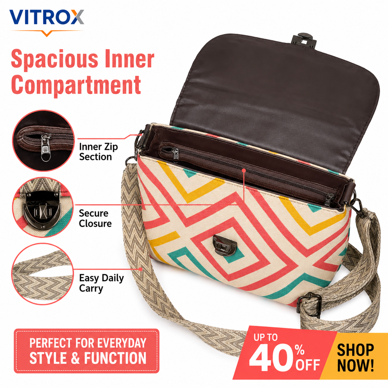 VITROX Chevron Printed Ladies Bag with Adjustable Strap – 10 x 5 x 10 Inch