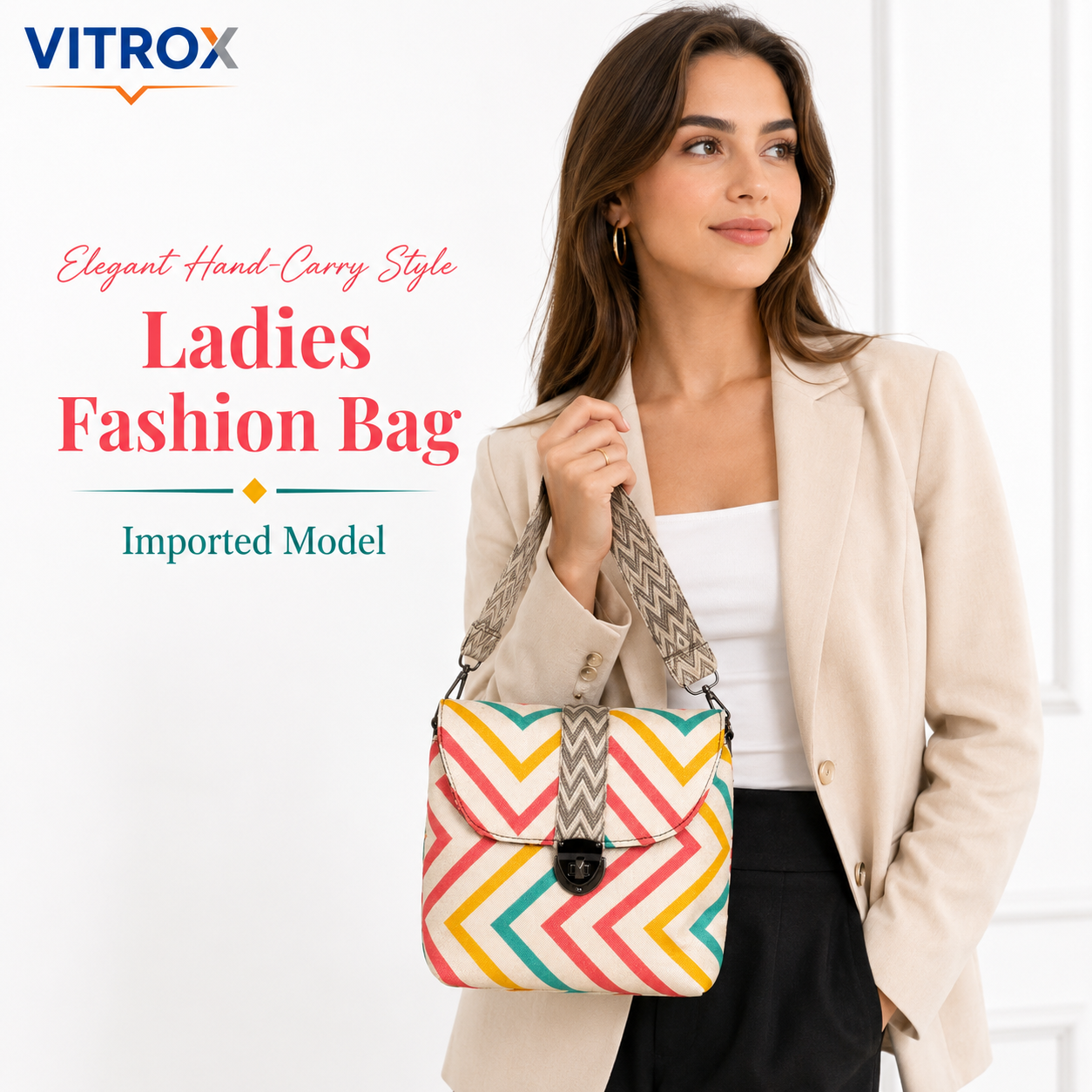 VITROX Chevron Printed Ladies Bag with Adjustable Strap – 10 x 5 x 10 Inch