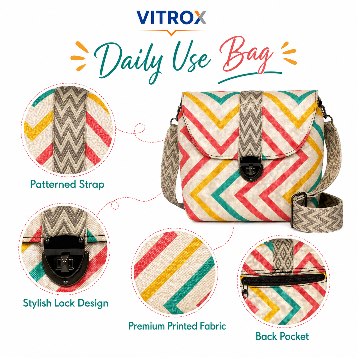 VITROX Chevron Printed Ladies Bag with Adjustable Strap – 10 x 5 x 10 Inch