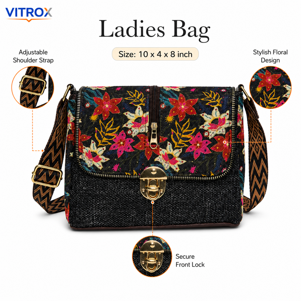 Vitrox Floral Ladies Shoulder Bag | Black Multicolour Printed Sling Bag for Women