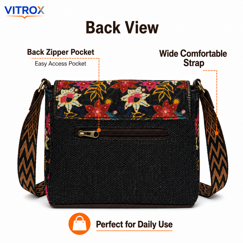 Vitrox Floral Ladies Shoulder Bag | Black Multicolour Printed Sling Bag for Women