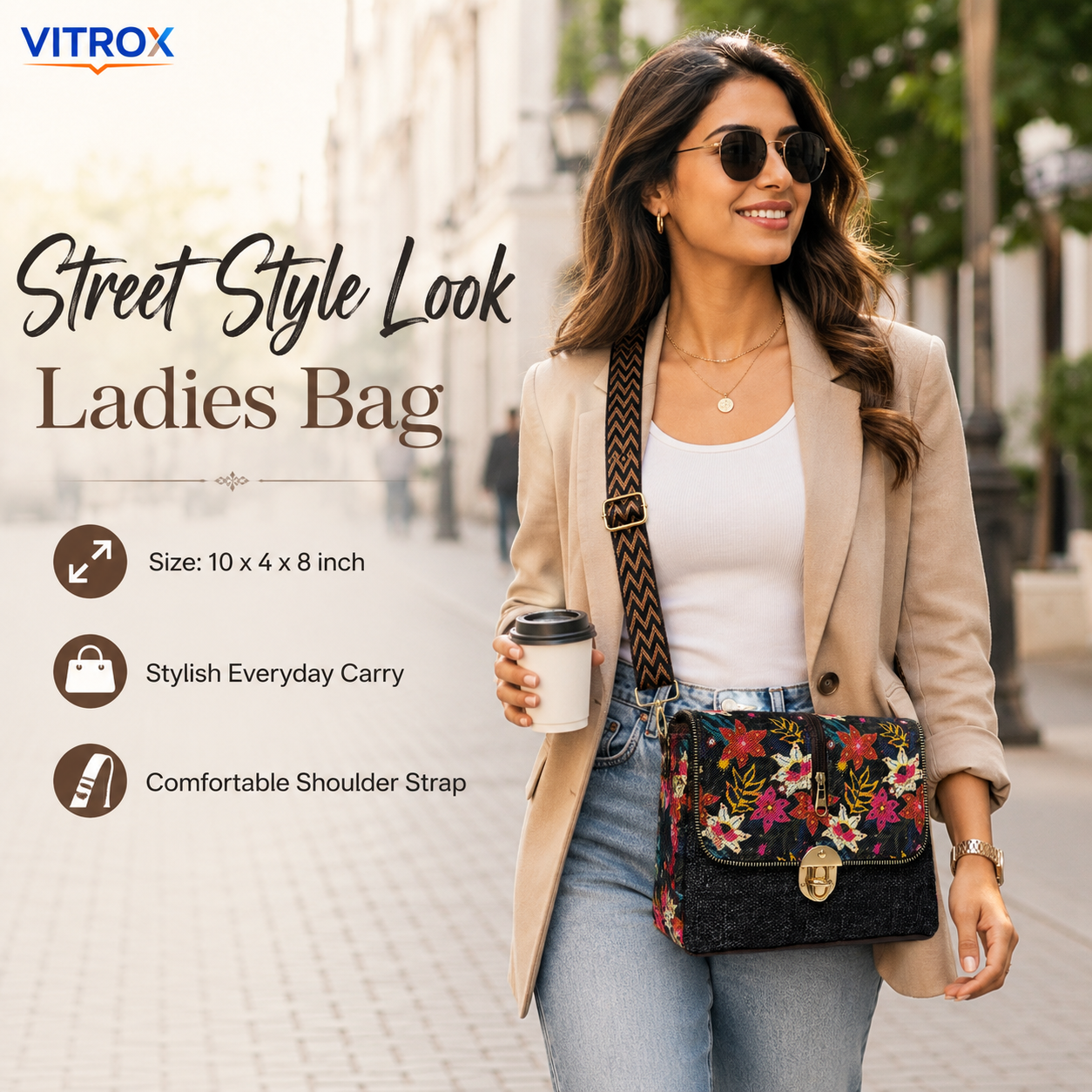 Vitrox Floral Ladies Shoulder Bag | Black Multicolour Printed Sling Bag for Women