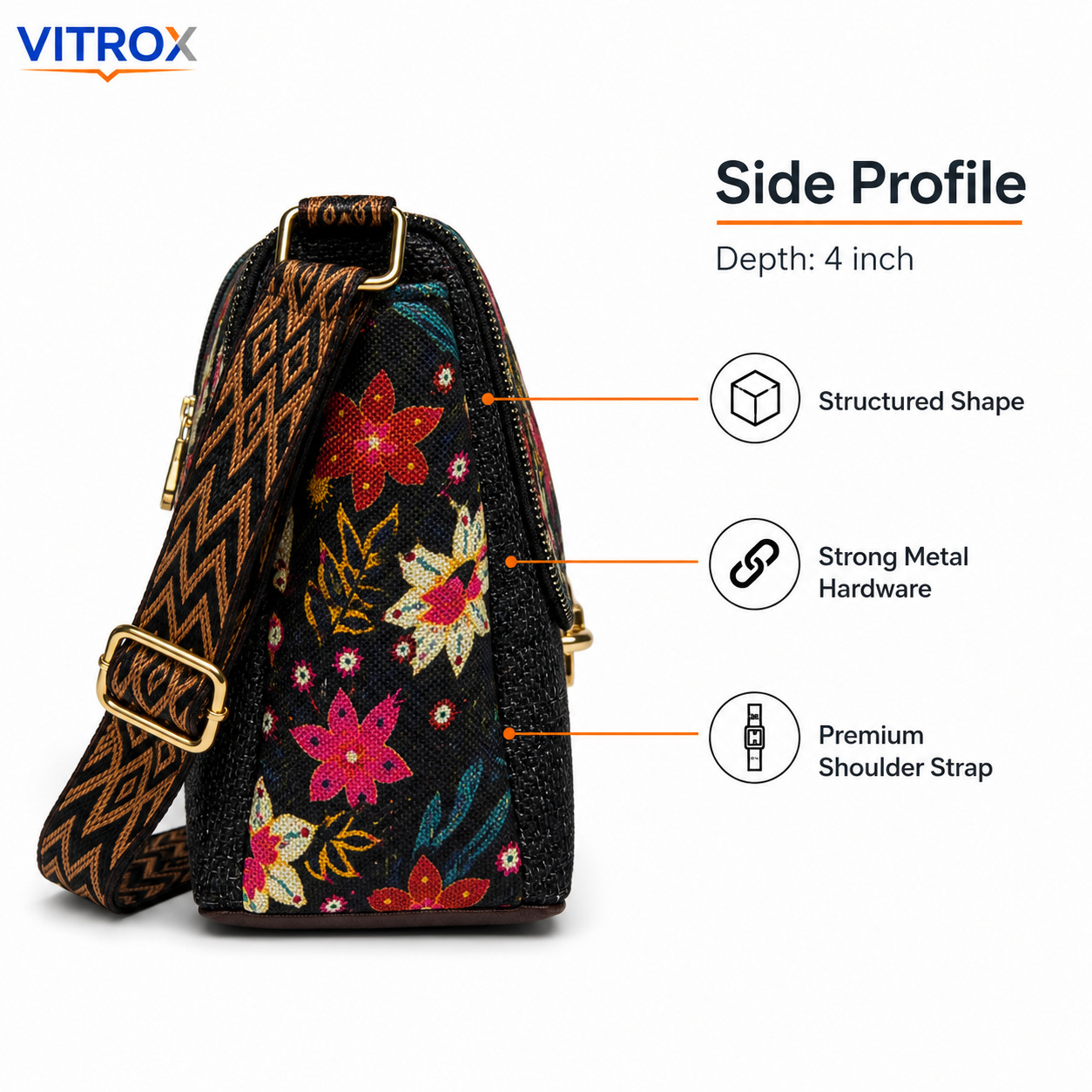 Vitrox Floral Ladies Shoulder Bag | Black Multicolour Printed Sling Bag for Women