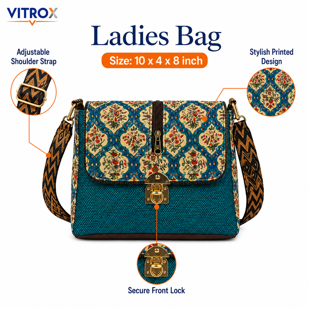 Vitrox Printed Ladies Shoulder Bag | Aqua Blue Multicolour Sling Bag for Women