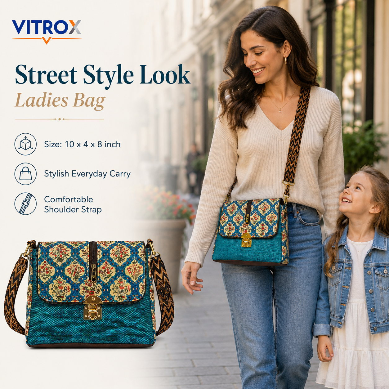 Vitrox Printed Ladies Shoulder Bag | Aqua Blue Multicolour Sling Bag for Women