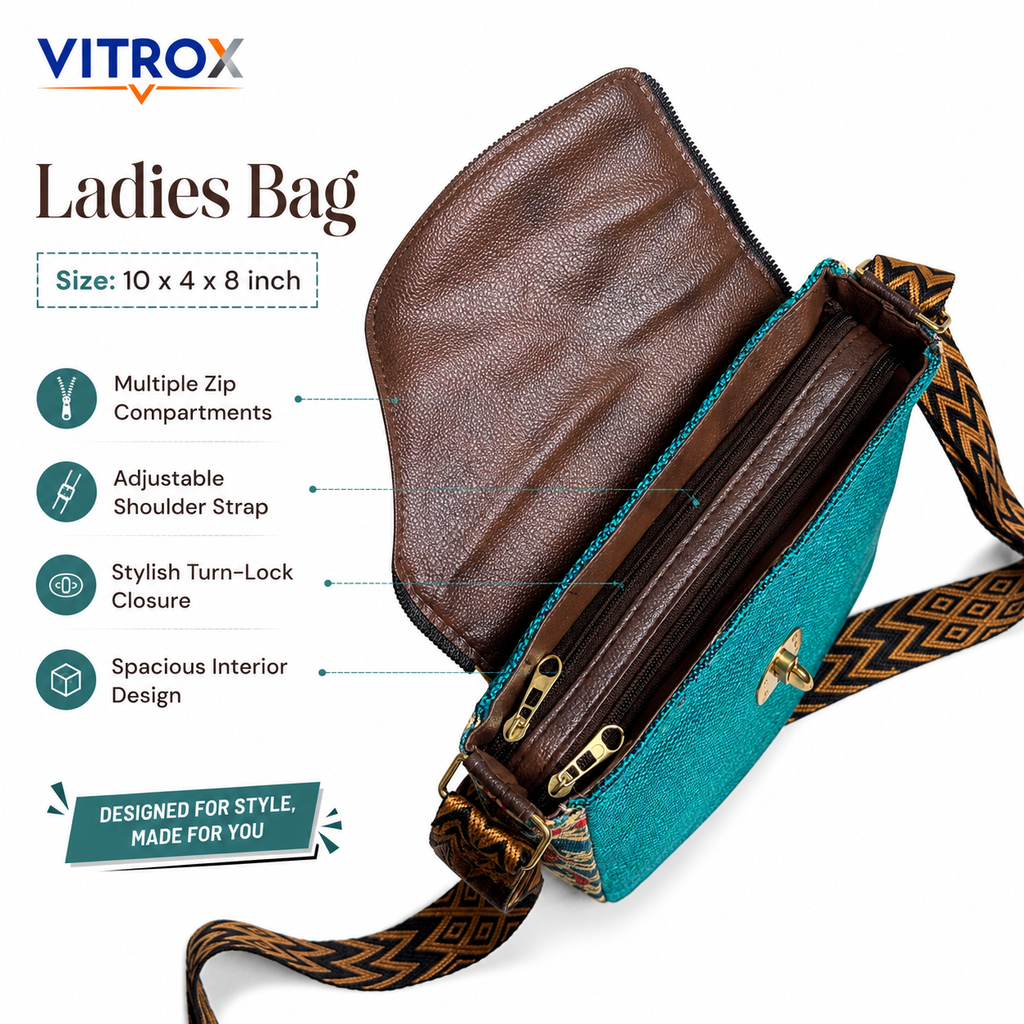 Vitrox Printed Ladies Shoulder Bag | Aqua Blue Multicolour Sling Bag for Women
