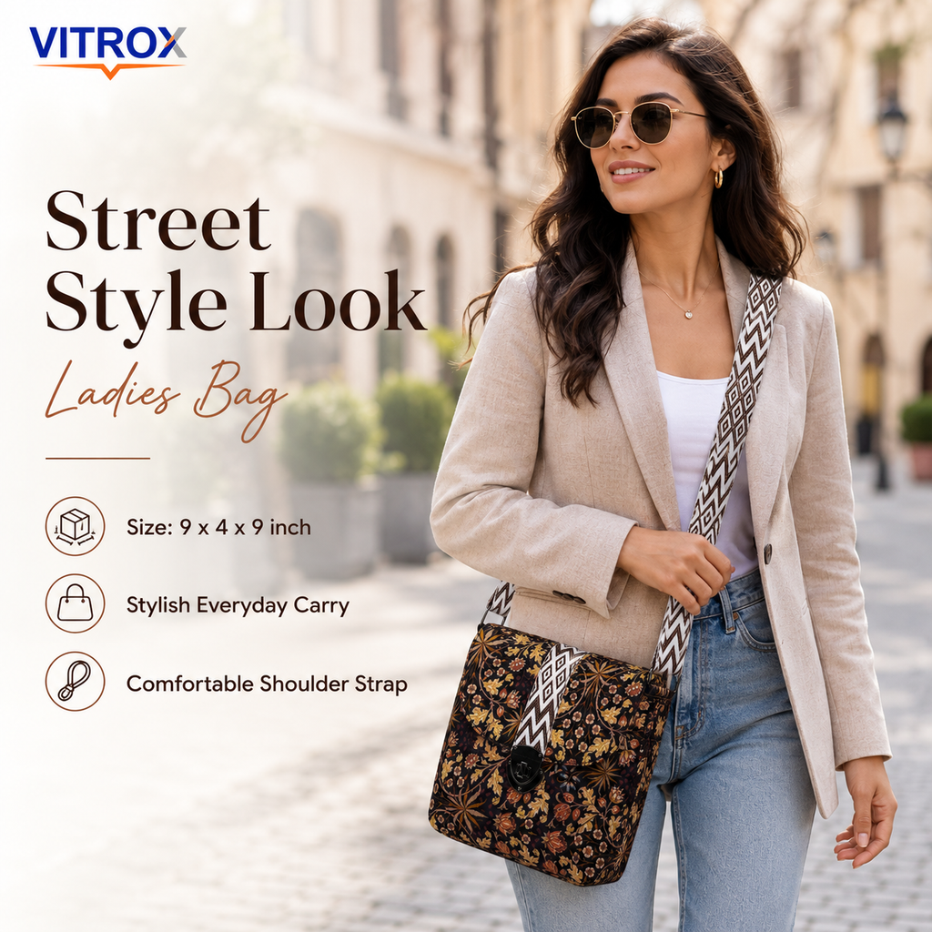 Vitrox Floral Ladies Shoulder Bag | Brown Black Printed Sling Bag for Women