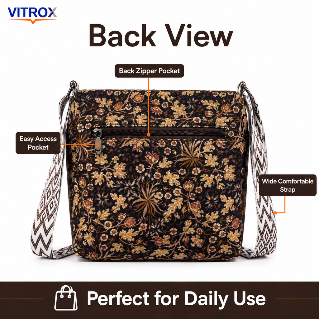 Vitrox Floral Ladies Shoulder Bag | Brown Black Printed Sling Bag for Women