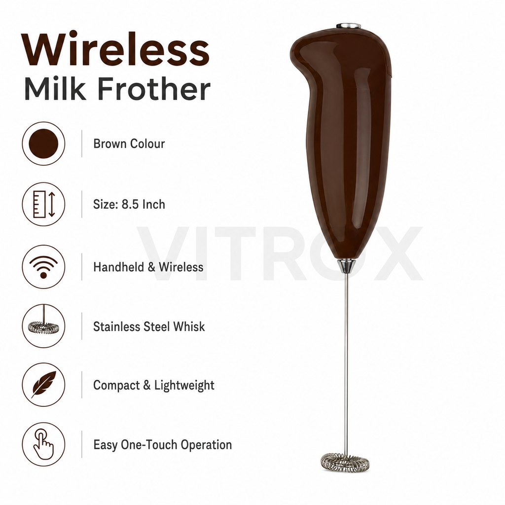 Vitrox Wireless Milk Frother – Brown Handheld Battery Operated Milk Foam Maker with Stainless Steel Whisk | 8.5 Inch