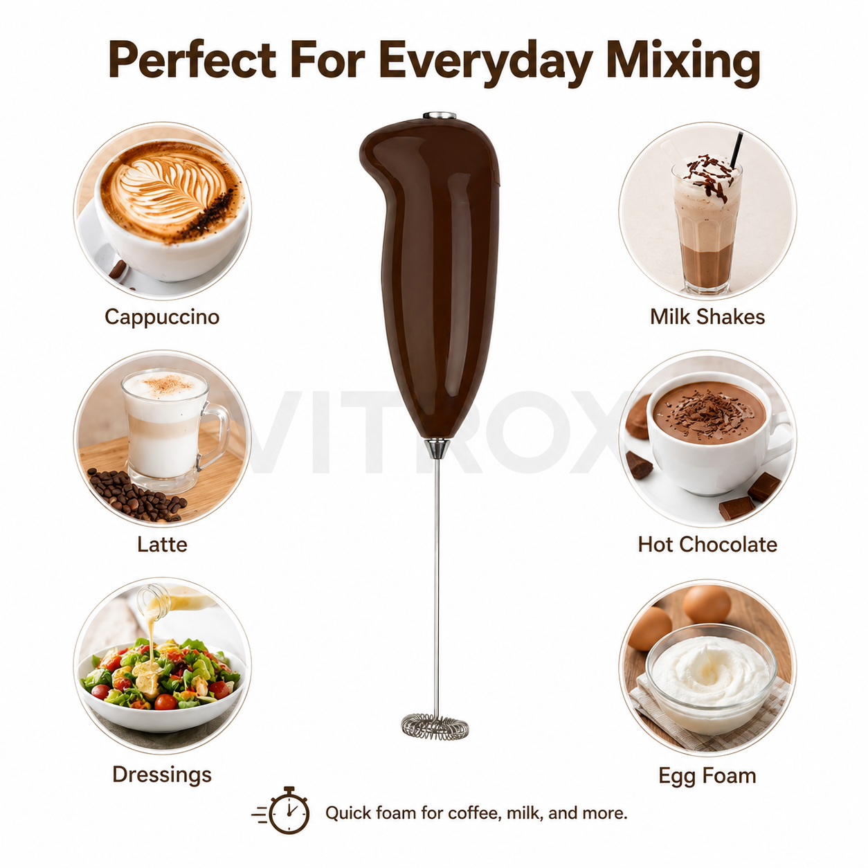 Vitrox Wireless Milk Frother – Brown Handheld Battery Operated Milk Foam Maker with Stainless Steel Whisk | 8.5 Inch