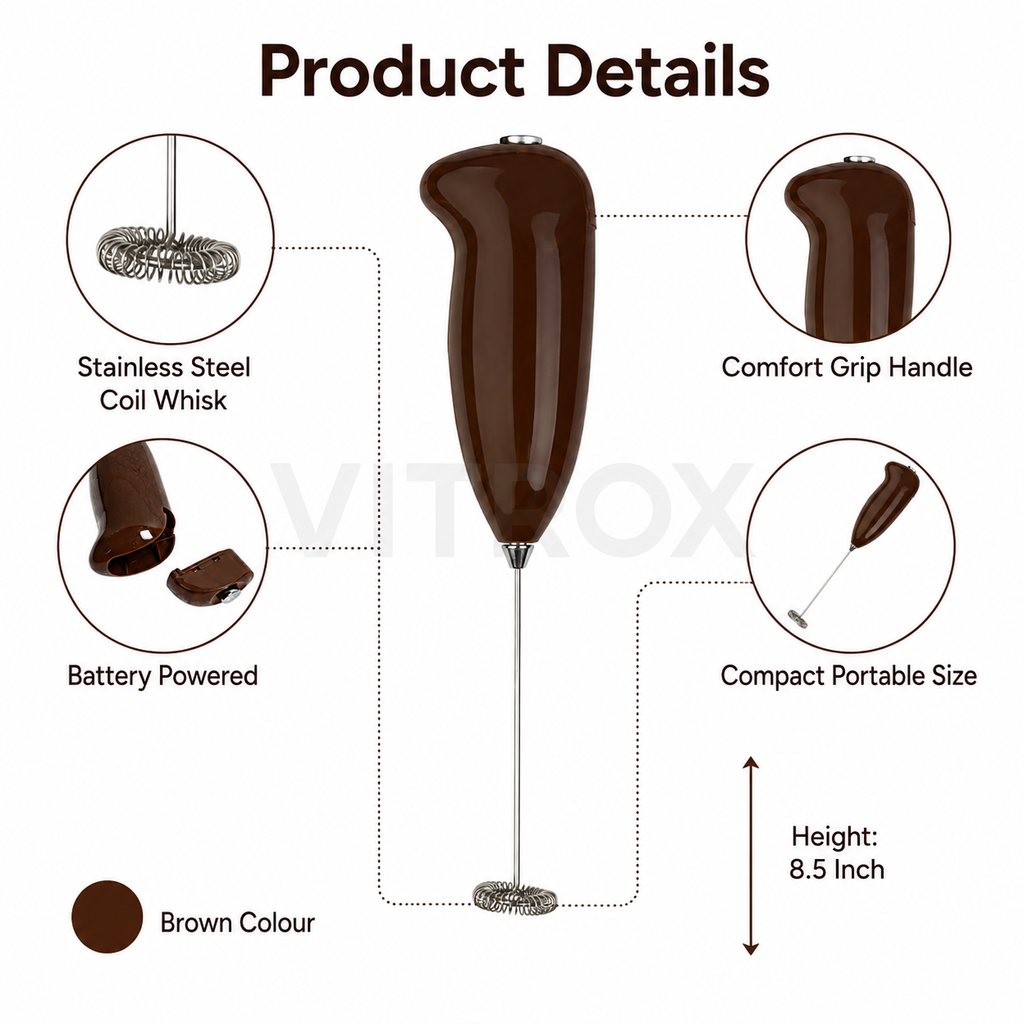 Vitrox Wireless Milk Frother – Brown Handheld Battery Operated Milk Foam Maker with Stainless Steel Whisk | 8.5 Inch