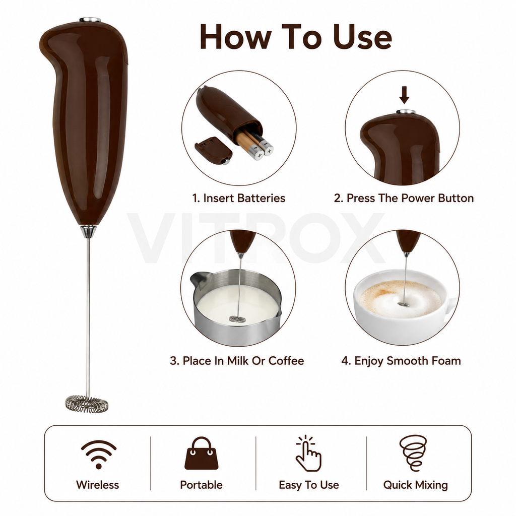 Vitrox Wireless Milk Frother – Brown Handheld Battery Operated Milk Foam Maker with Stainless Steel Whisk | 8.5 Inch