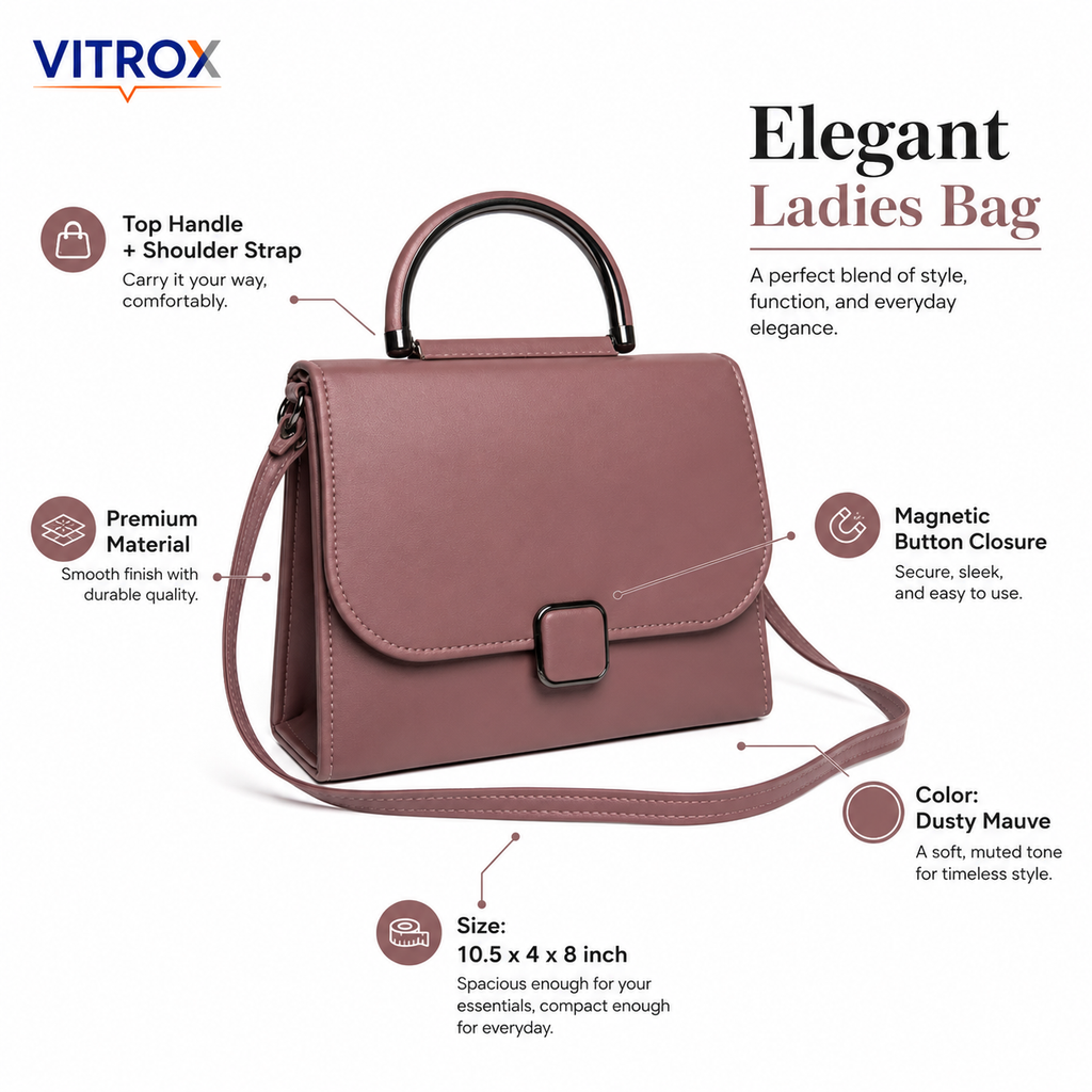 VITROX Ladies Structured Handbag with Top Handle & Sling Strap – Mauve Pink