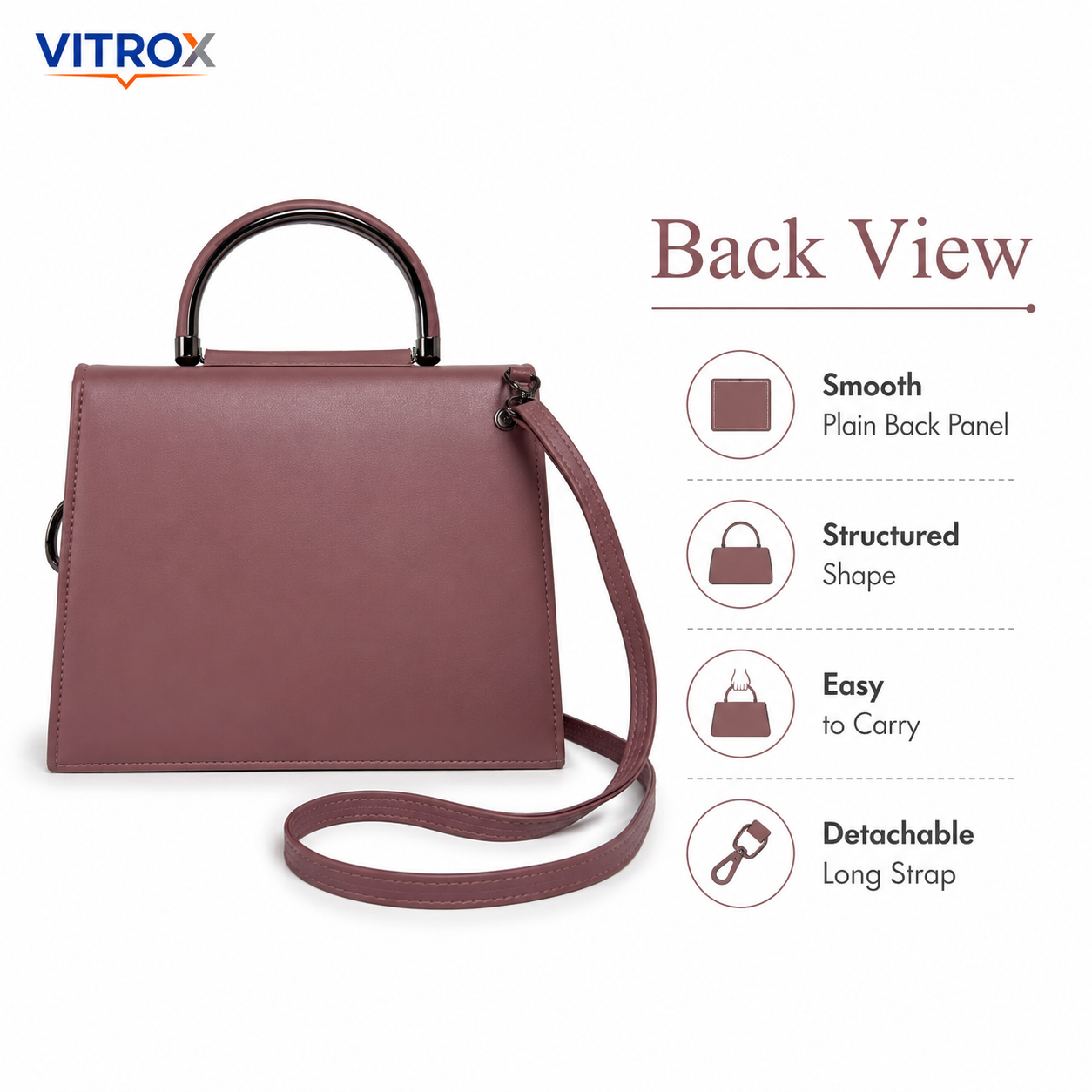 VITROX Ladies Structured Handbag with Top Handle & Sling Strap – Mauve Pink