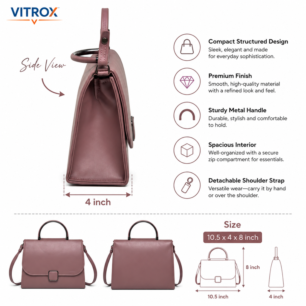 VITROX Ladies Structured Handbag with Top Handle & Sling Strap – Mauve Pink