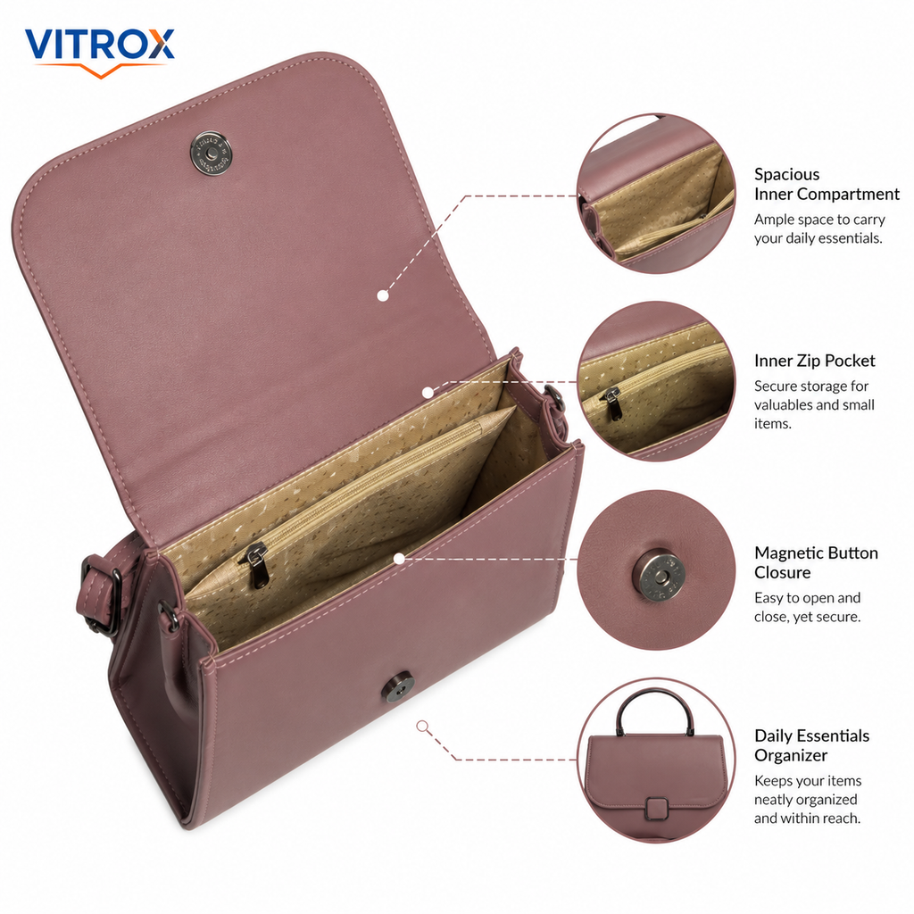 VITROX Ladies Structured Handbag with Top Handle & Sling Strap – Mauve Pink
