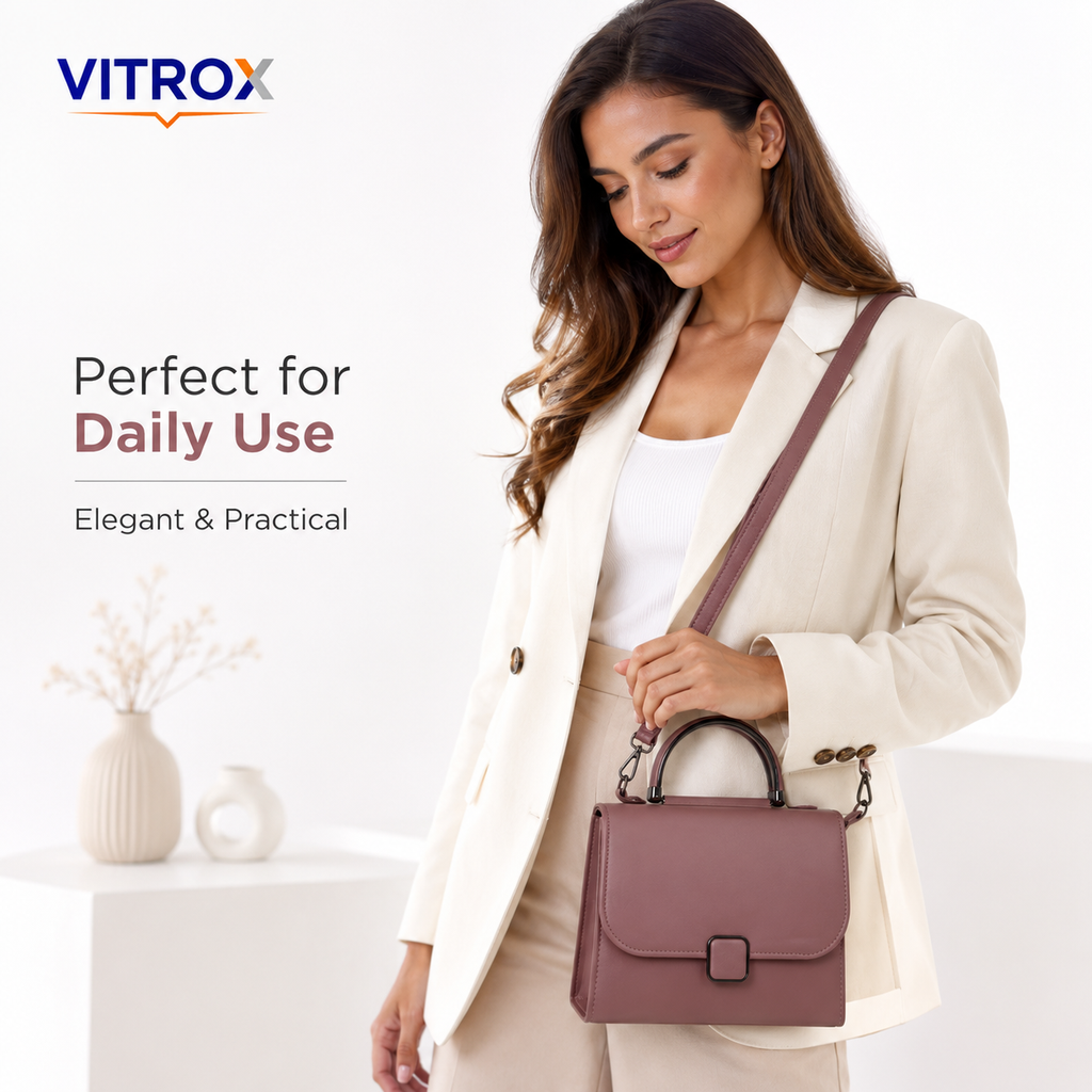 VITROX Ladies Structured Handbag with Top Handle & Sling Strap – Mauve Pink